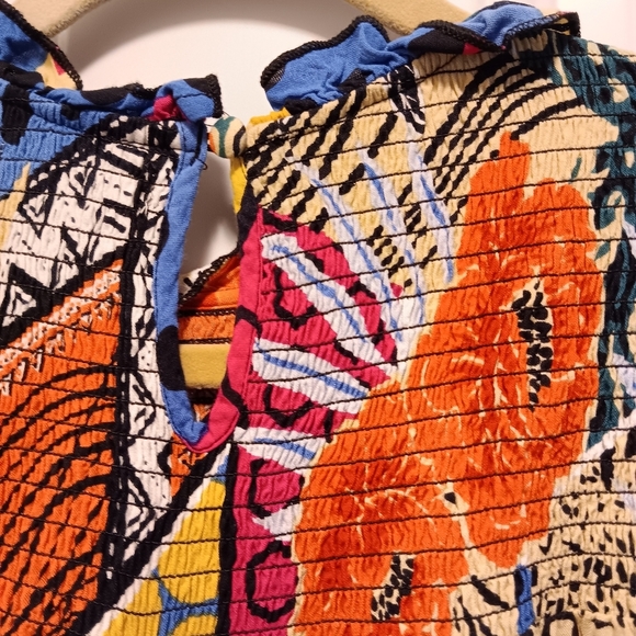 THML| Smocked Bodice Bishop Sleeve Mixed Print Blouse US Med. Colorful Boxy Boho - Picture 5 of 7